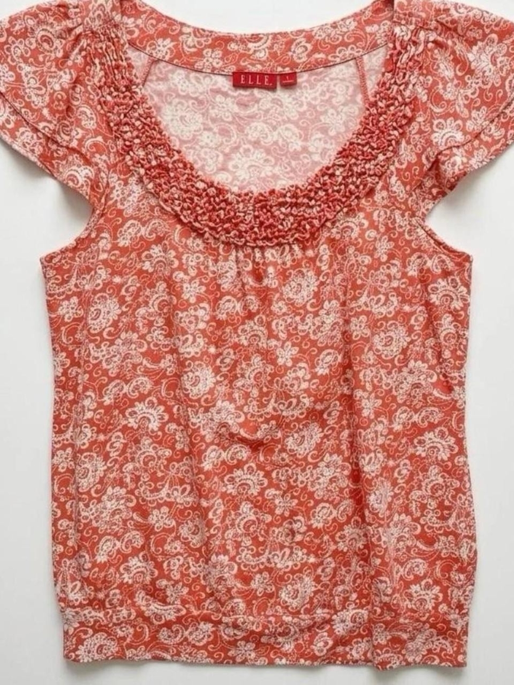 Elle Coral White Paisley Smocked Neck Blouse